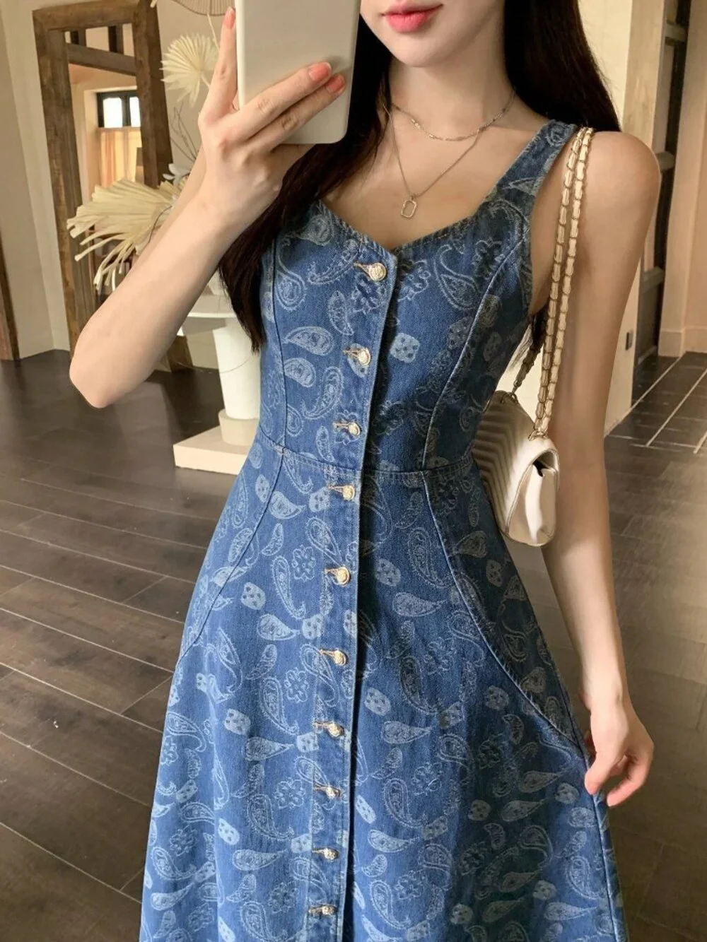 Medium Wash Boho Women's Denim Jacquard midi Dress - Picture 2 of 7